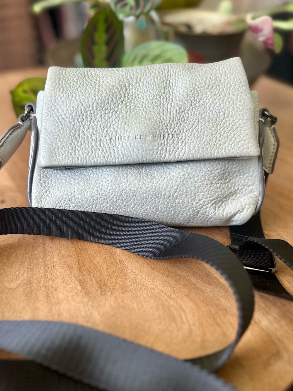 Aimee Kestenberg Light Grey Pebbled Leather Flap Crossbody Bag